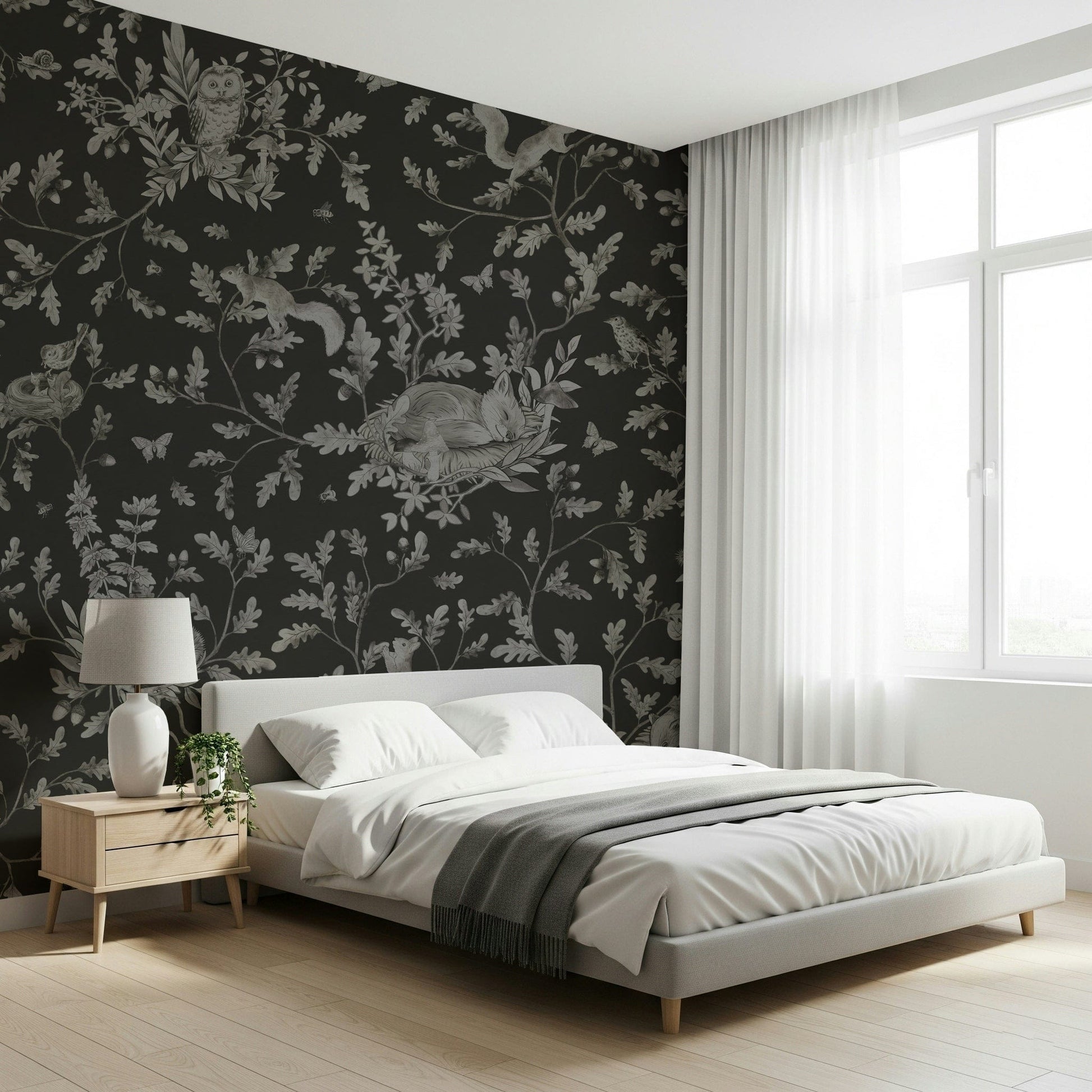 Twilight Woods Wall Mural featuring a dusky forest bathed in soft purple and blue light.