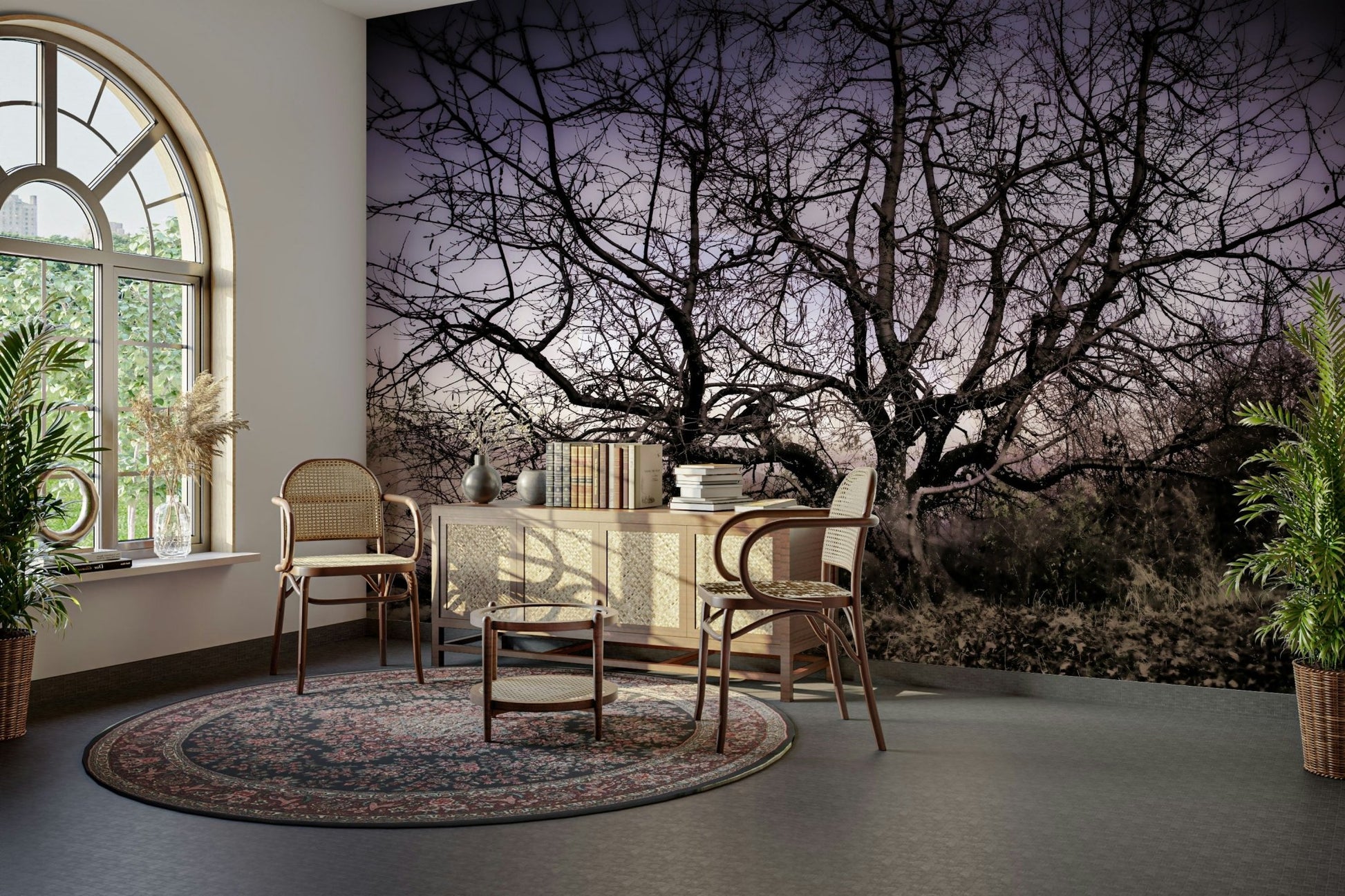 The wall mural is installed in a modern, minimalist living room.

