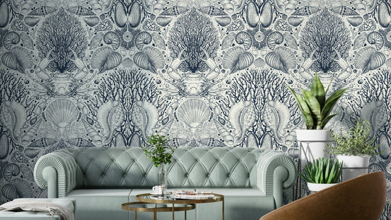 Undersea Treasures Wallpaper with ocean botanicals

