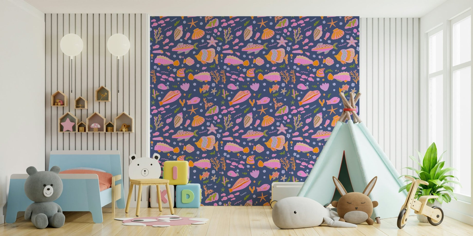 The sea creatures and coral are a central focus of the image.

