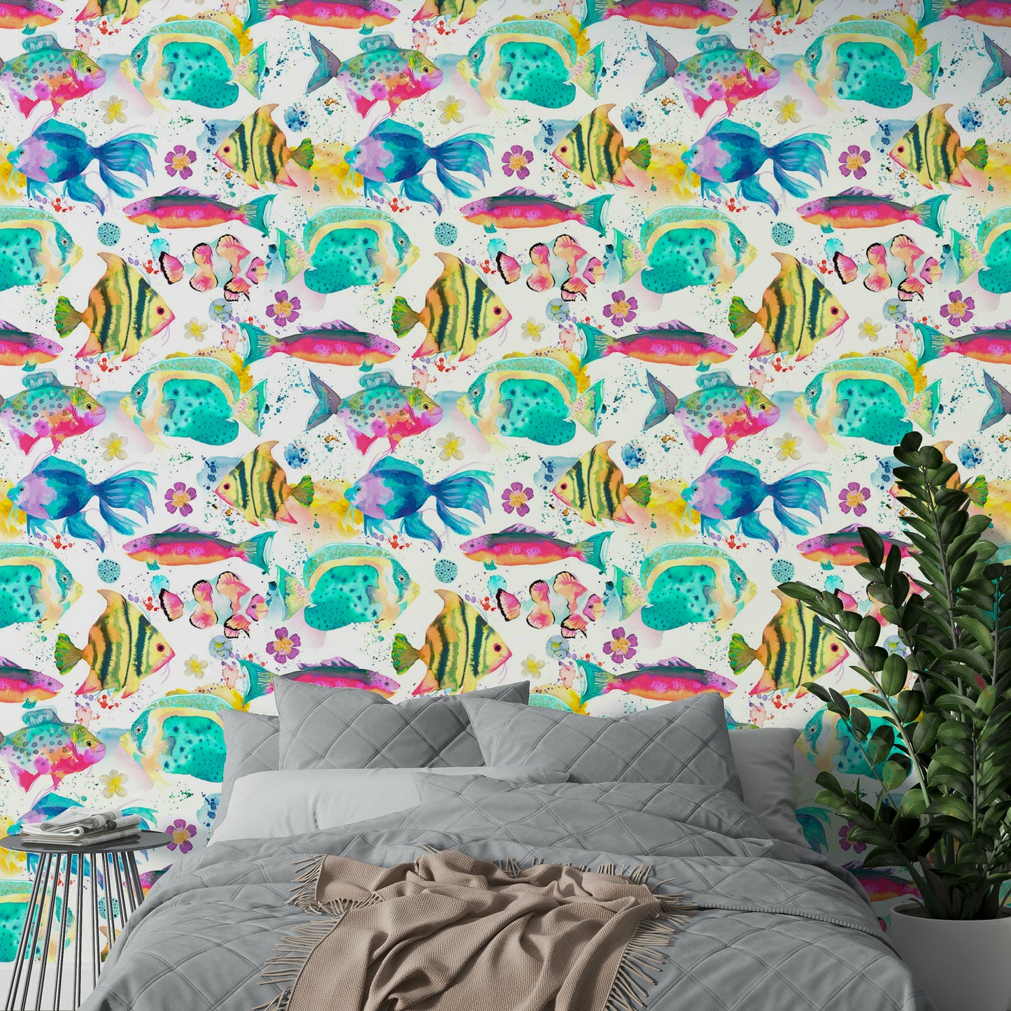 Wallpaper with hand-painted tropical fish swimming through coral reefs.

