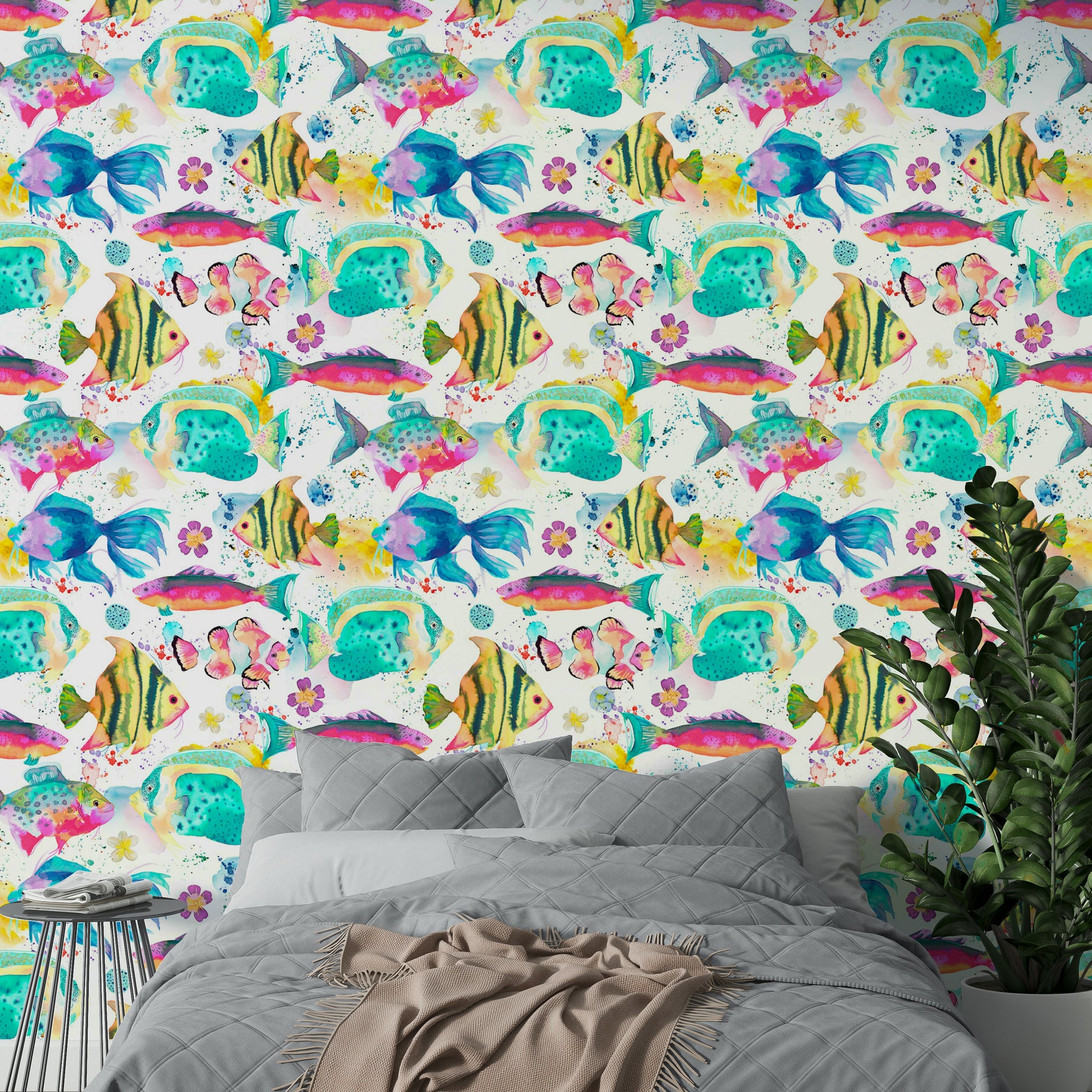 Wallpaper with hand-painted tropical fish swimming through coral reefs.

