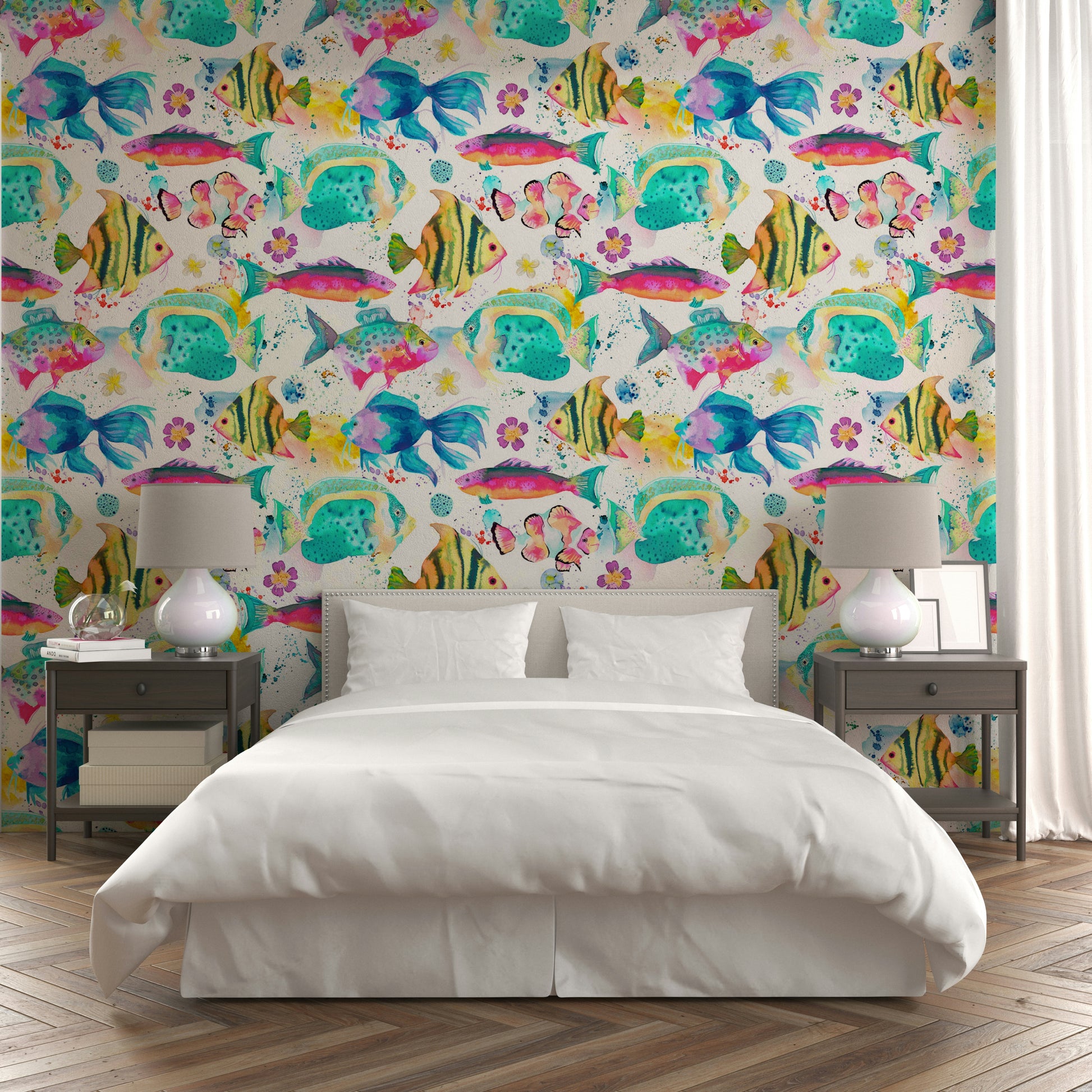 Tropical fish wallpaper on a soft pink background with coral elements.

