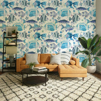 Ocean-themed mural with playful underwater fish and coral.

