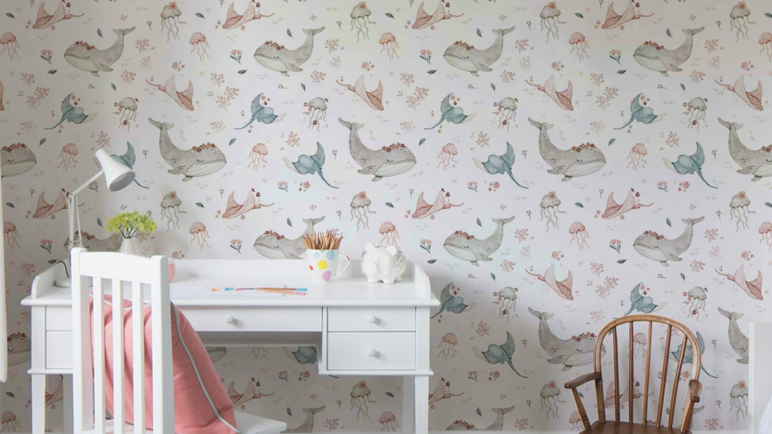 Underwater floral wallpaper in soft hues

