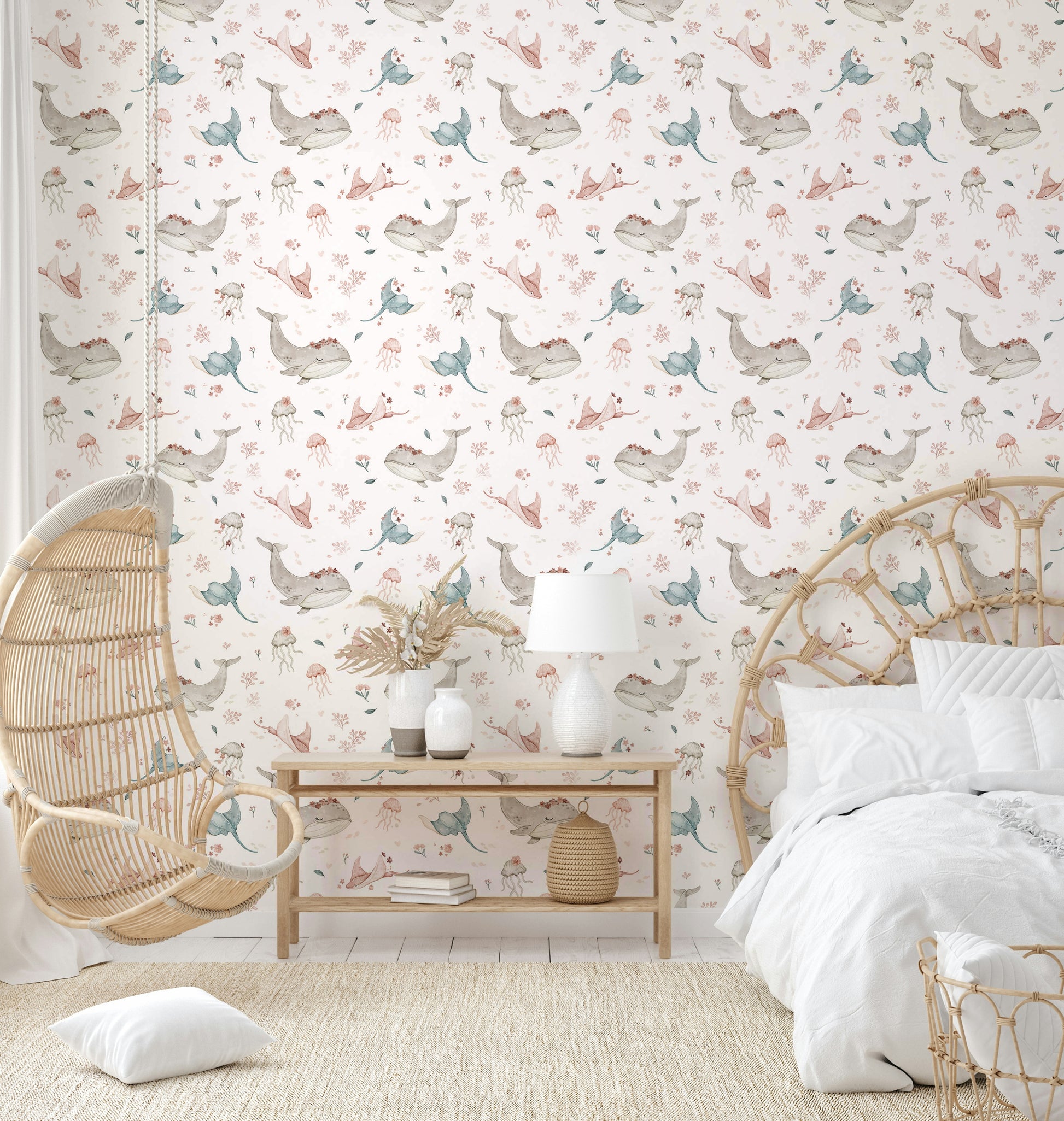 Botanical wallpaper with aquatic elements

