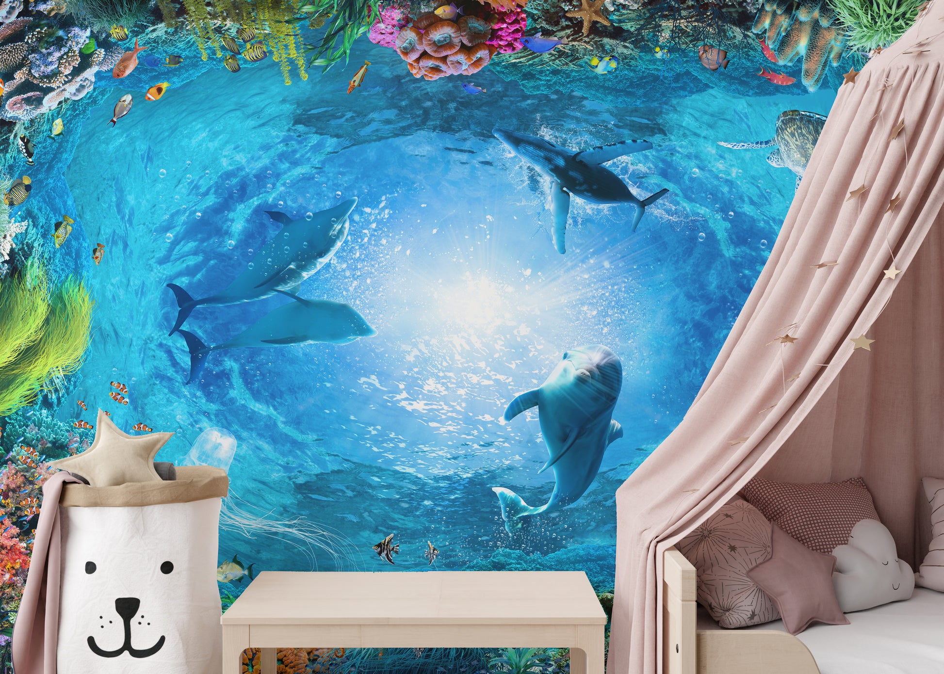 Dolphin-themed underwater wall mural