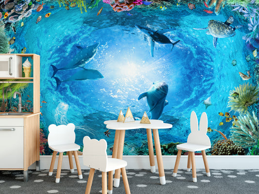 Aqua blue underwater dolphin wallpaper