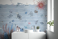 Kids' room marine wallpaper featuring colorful fish and waves
