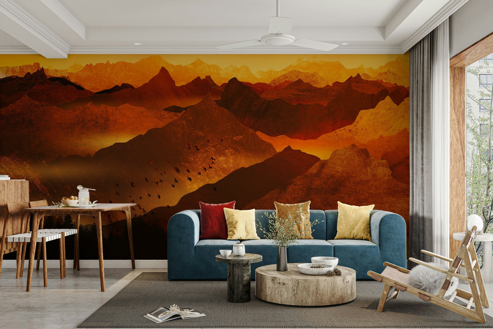 Artistic magma swirls for a guest bedroom feature wall with dark linen bedding.