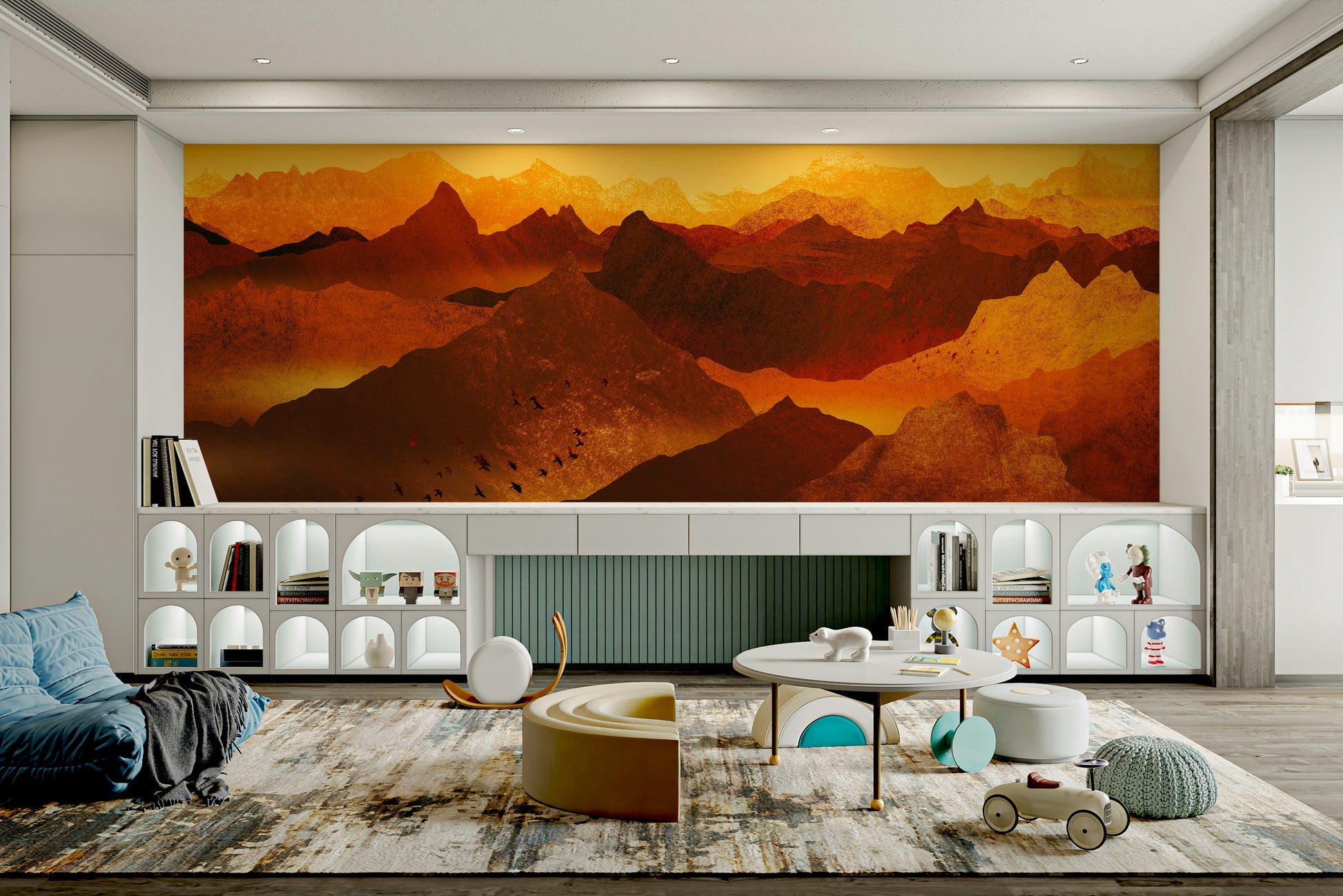 Sophisticated rock inspired wall coverings for a boutique style lounge.
