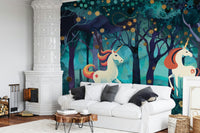 Whimsical forest scene mural in a bright, airy loft flat.