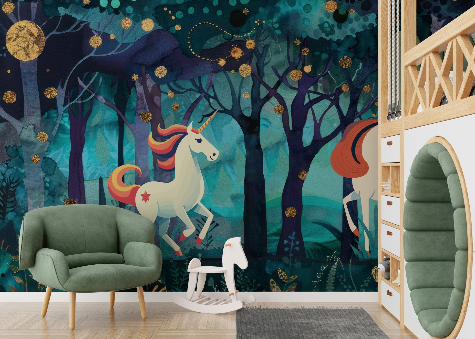 Mystic Unicorns illustration on a durable wall covering for kids.