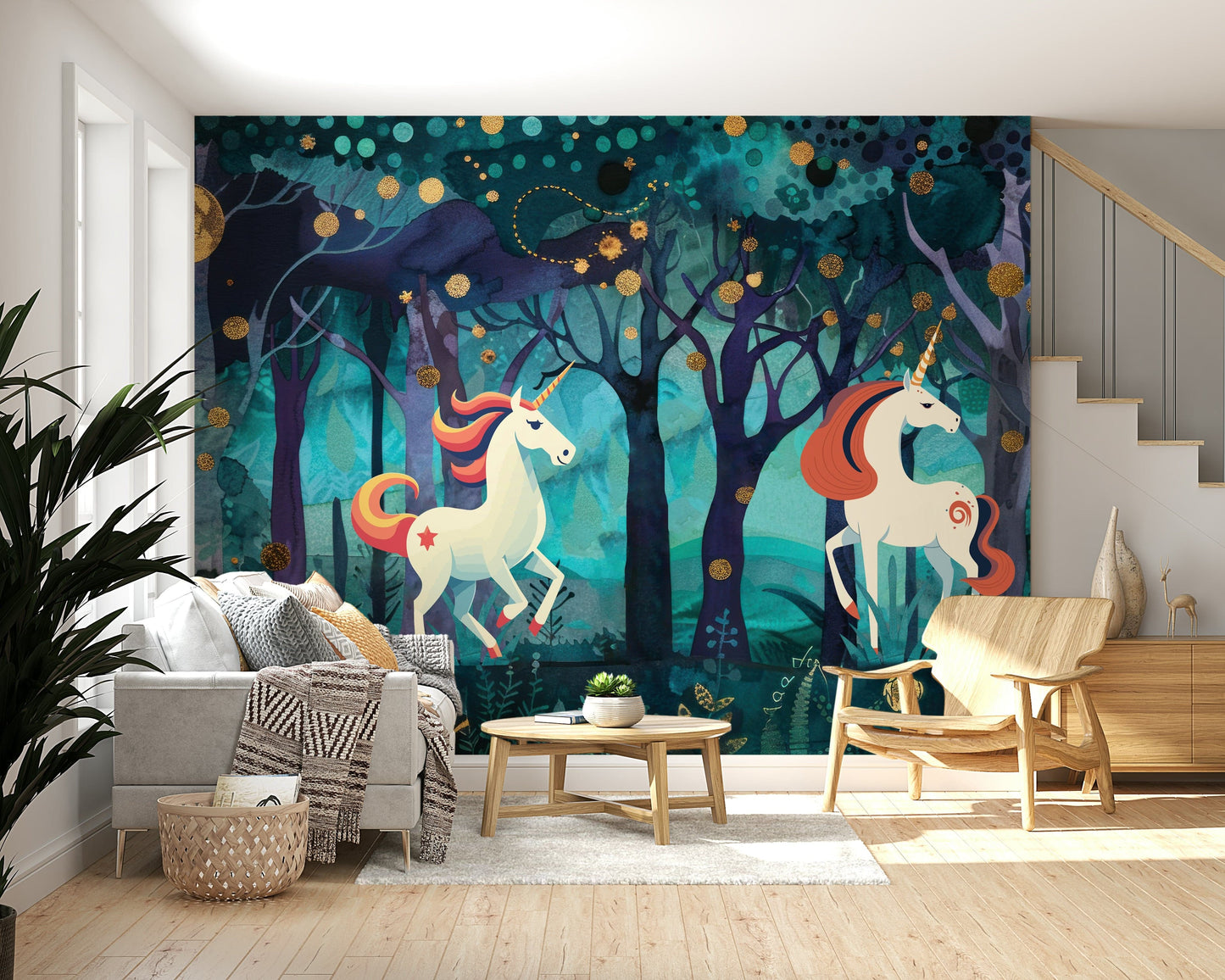 Mystic Unicorns Wall Mural paired with grey carpets and white furniture.