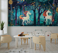 Enchanted woods mural with white unicorns in a modern UK home.