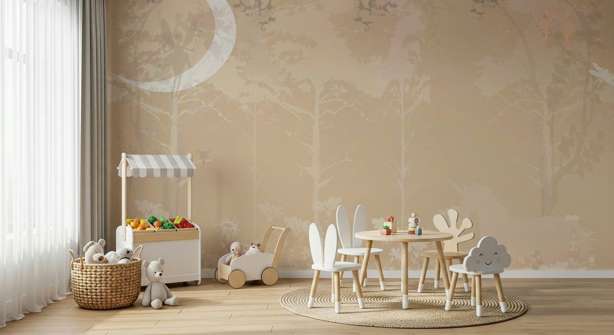 Moonlit Unicorn Grove wallpaper mural with a beige moonlit forest and crescent moon in a kids playroom with toy stand and round table