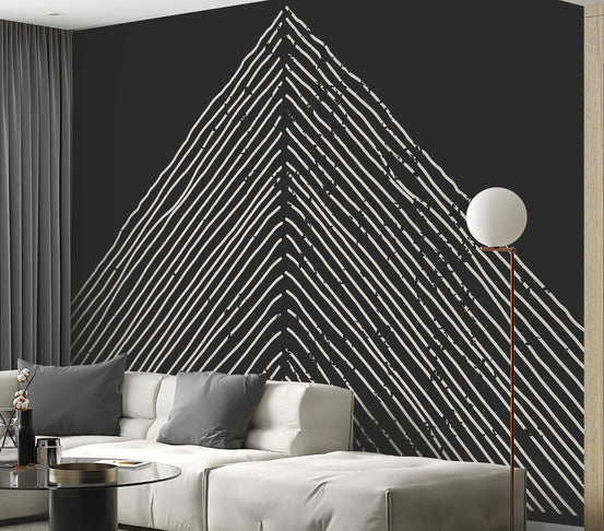Abstract Triangle Mountain wallpaper shown as a full feature wall that highlights the design