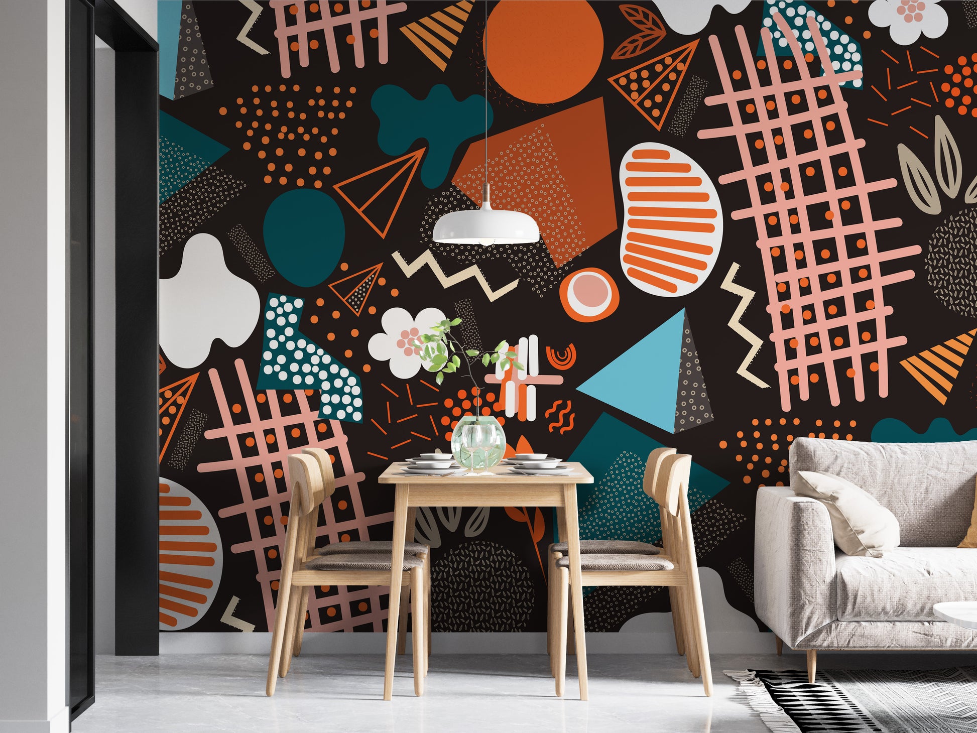 Handcrafted Abstract Art wallpaper mural styled along a hallway feature wall near a console in a multicolour palette