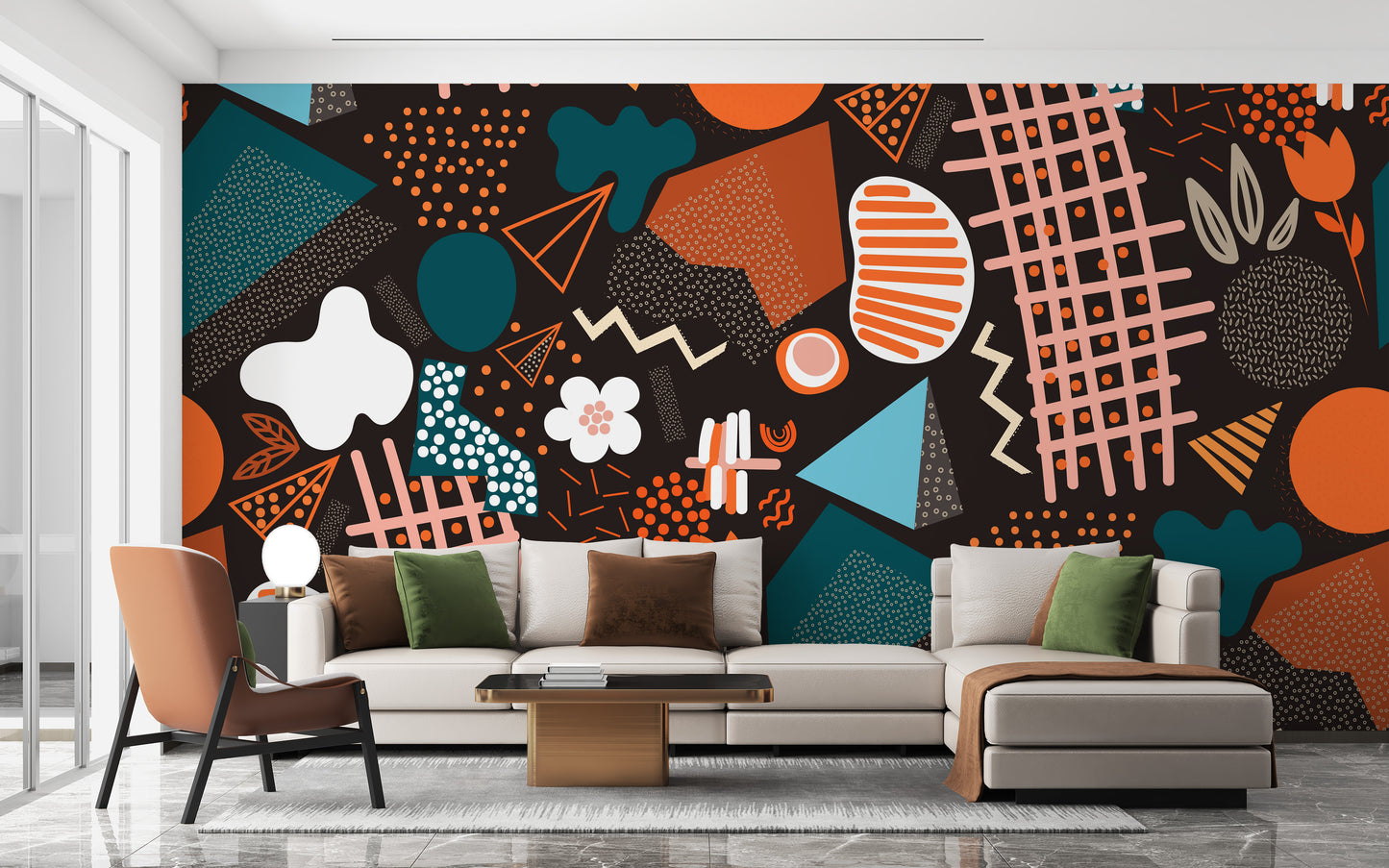 Handcrafted Abstract Art wallpaper mural as a feature wall in a home office workspace in a multicolour palette