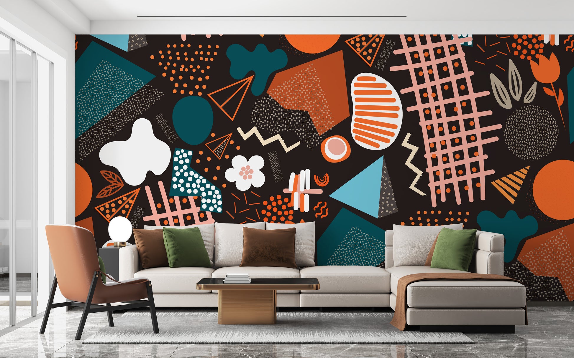 Handcrafted Abstract Art wallpaper mural as a feature wall in a home office workspace in a multicolour palette