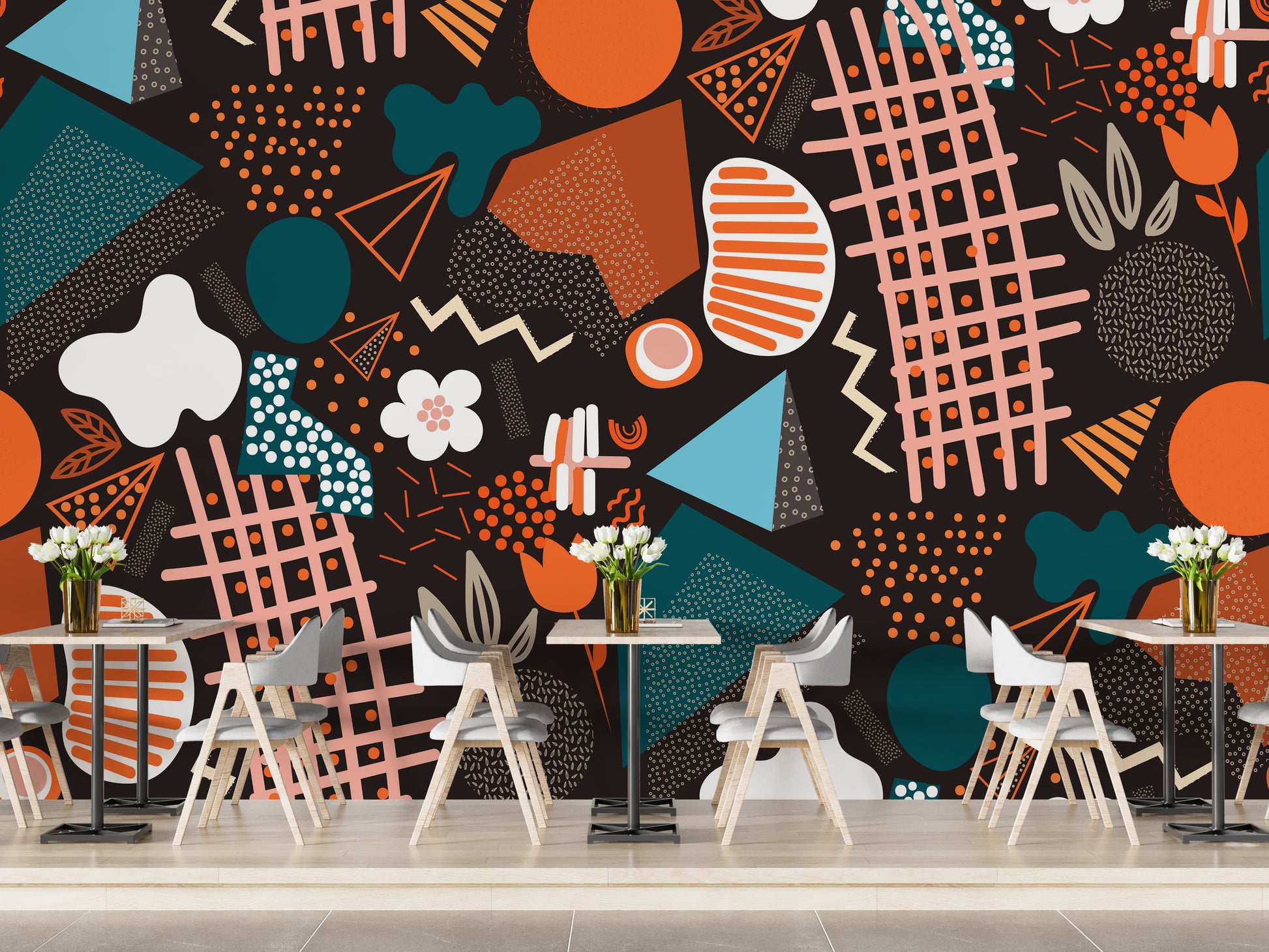 Handcrafted Abstract Art wallpaper mural styled as a feature wall behind a dining table and chairs in a multicolour palette