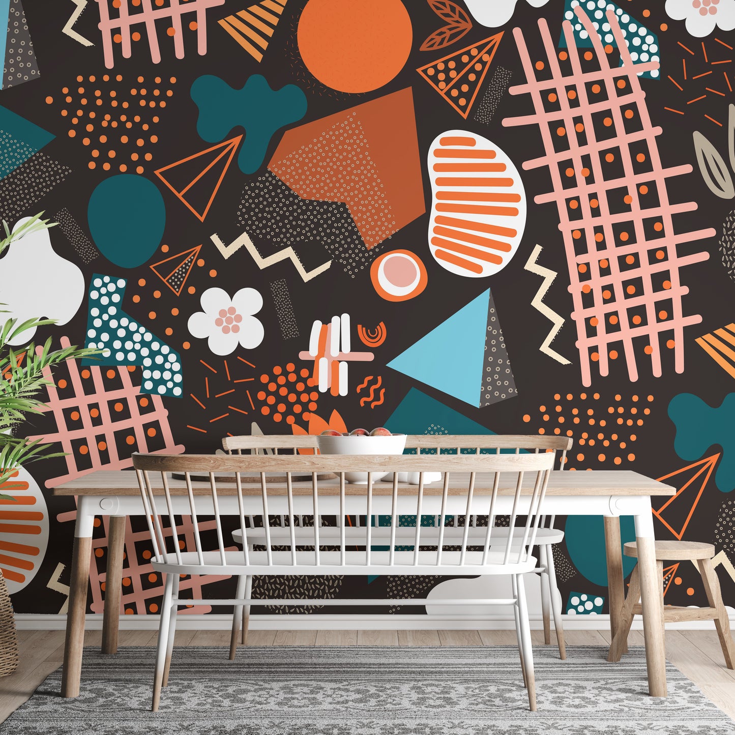 Handcrafted Abstract Art wallpaper mural as a feature wall in a bright, contemporary living room in a multicolour palette