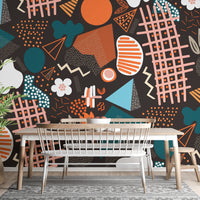 Handcrafted Abstract Art wallpaper mural as a feature wall in a bright, contemporary living room in a multicolour palette