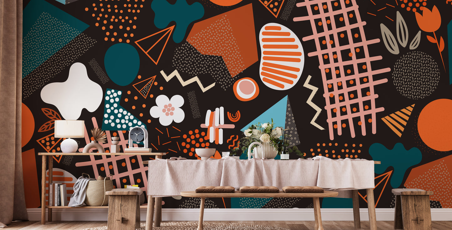 Handcrafted Abstract Art wallpaper mural styled as a living room feature wall behind a sofa and seating