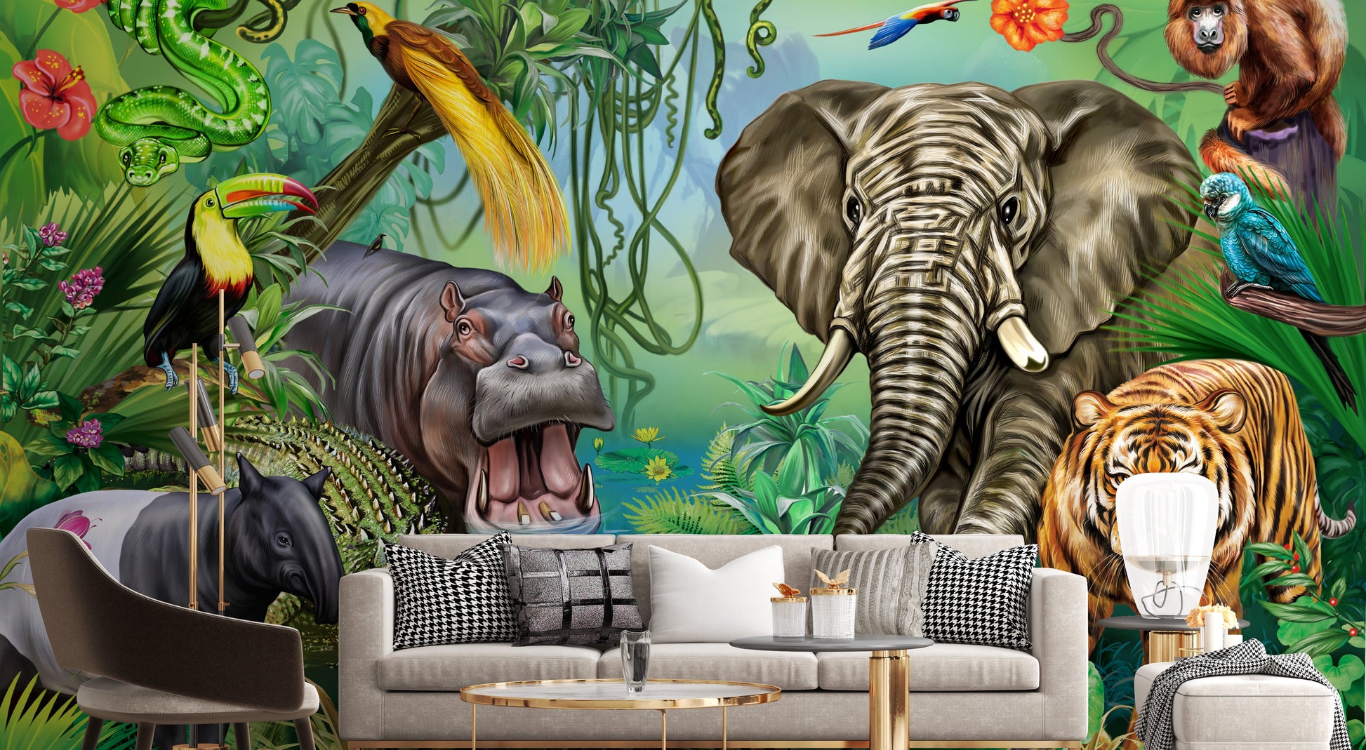 Lush green forest mural with wildlife for kids
