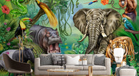 Lush green forest mural with wildlife for kids
