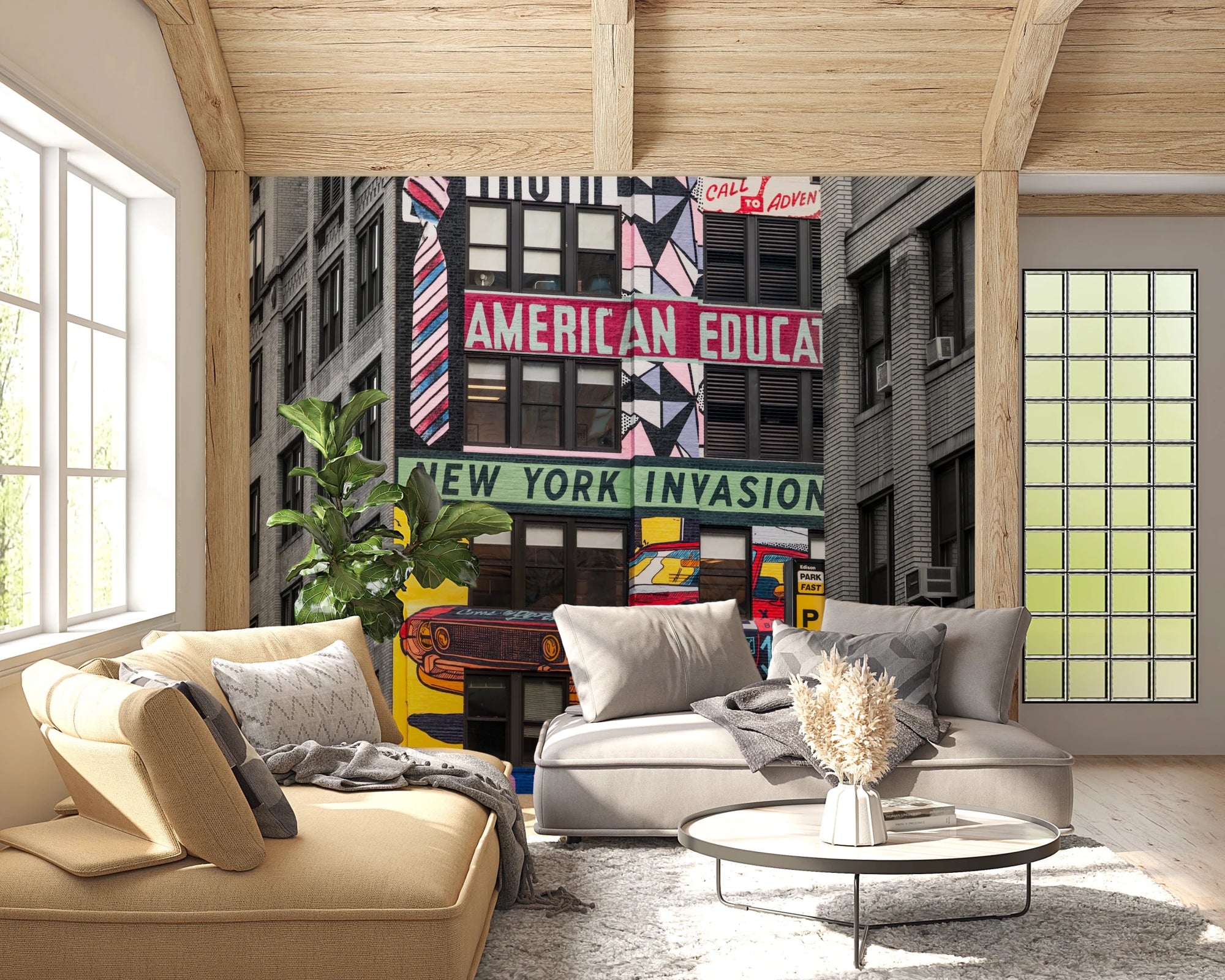 Urban Art Invasion wallpaper mural of colorful pop-art NYC facades and a red car behind a yellow and grey sofa in a living room