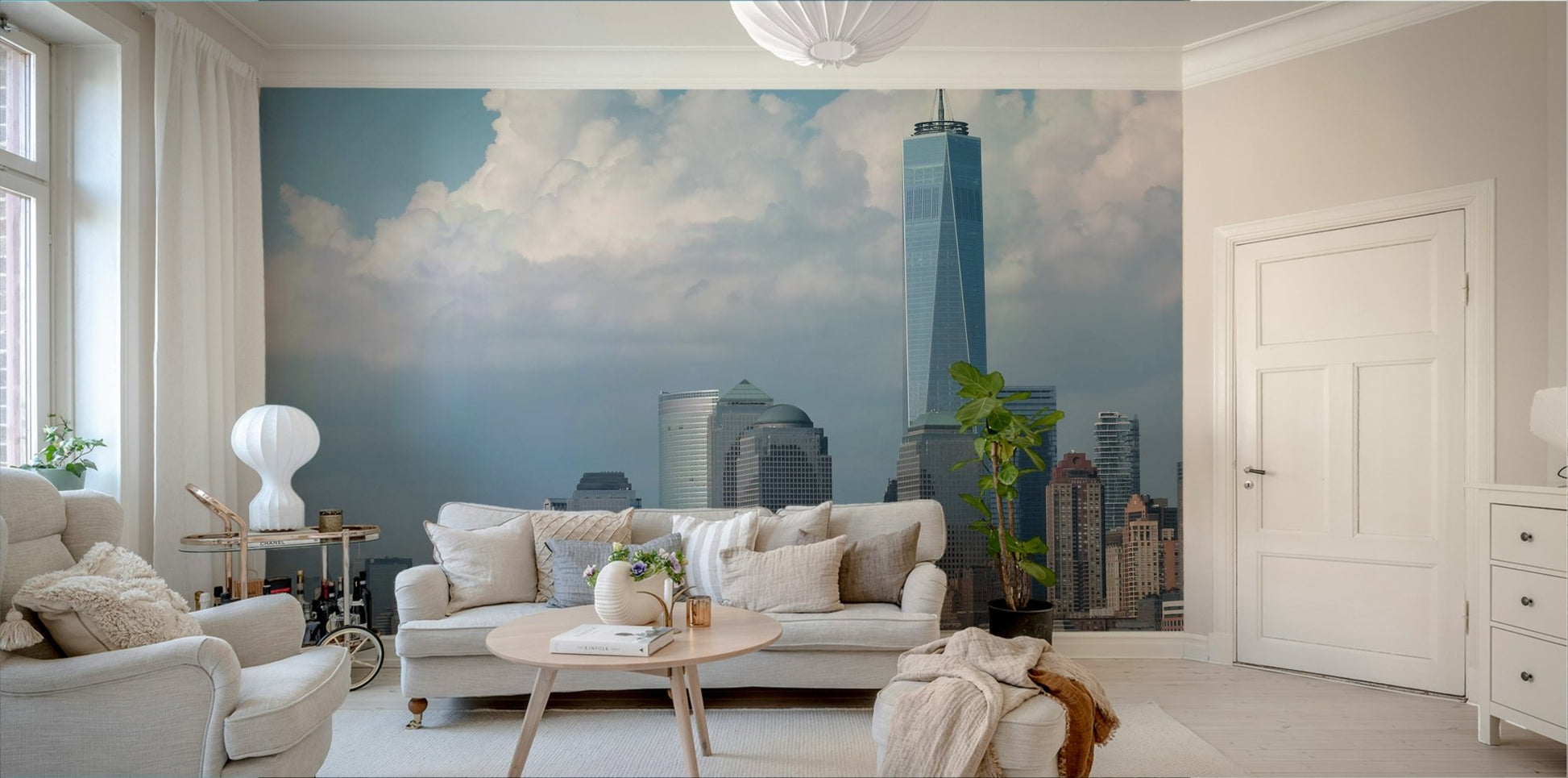 Features a cityscape of New York City.
