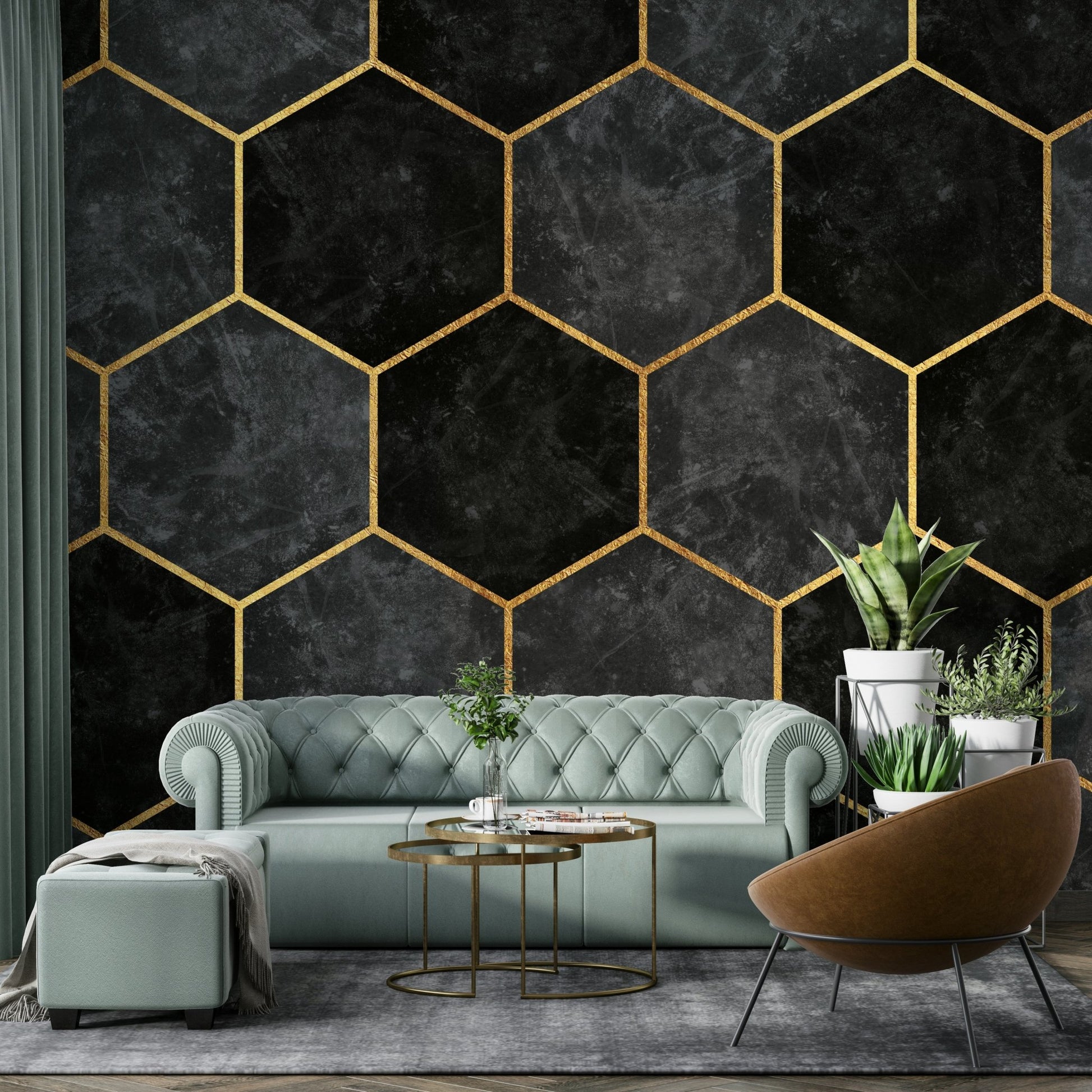 Geometric charcoal hexagon mural for modern home decor.

