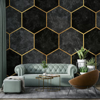 Geometric charcoal hexagon mural for modern home decor.

