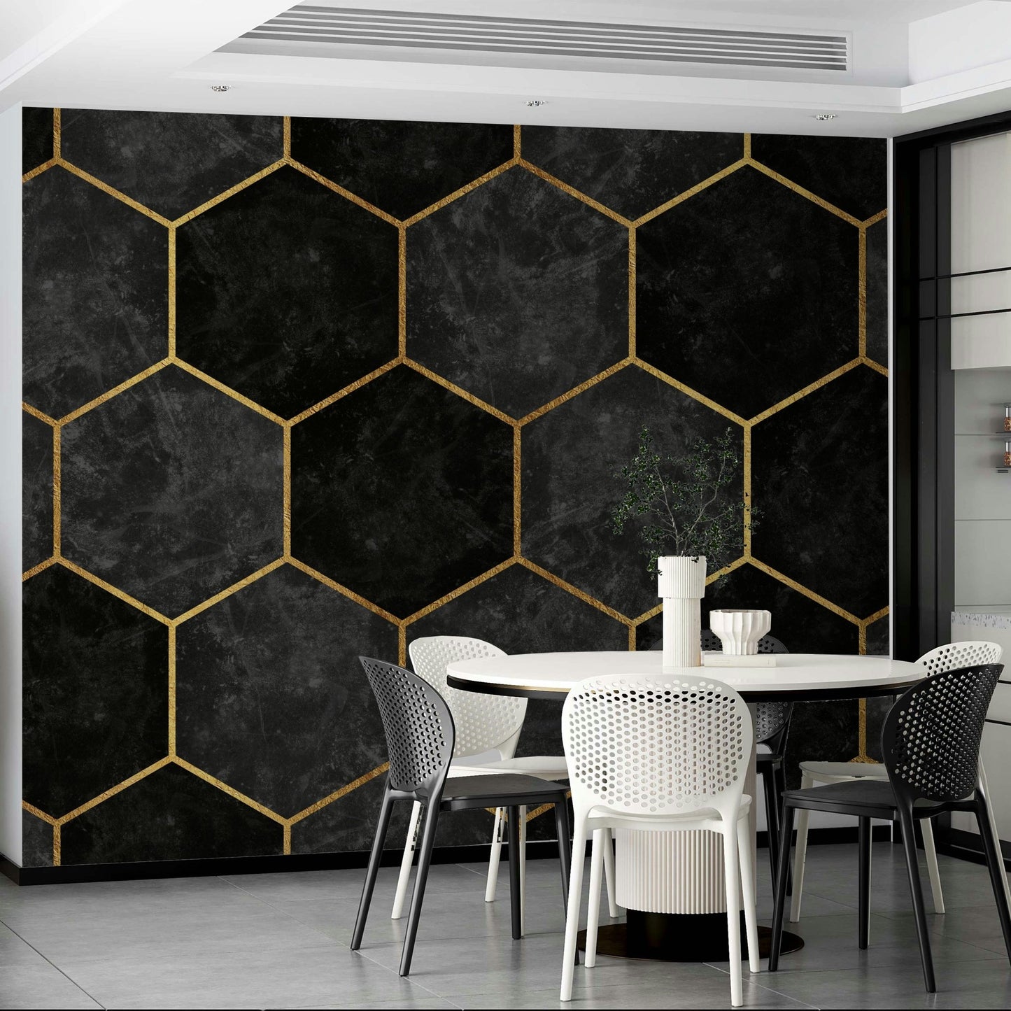 Urban Charcoal Hexagon wall mural with sharp geometric design.

