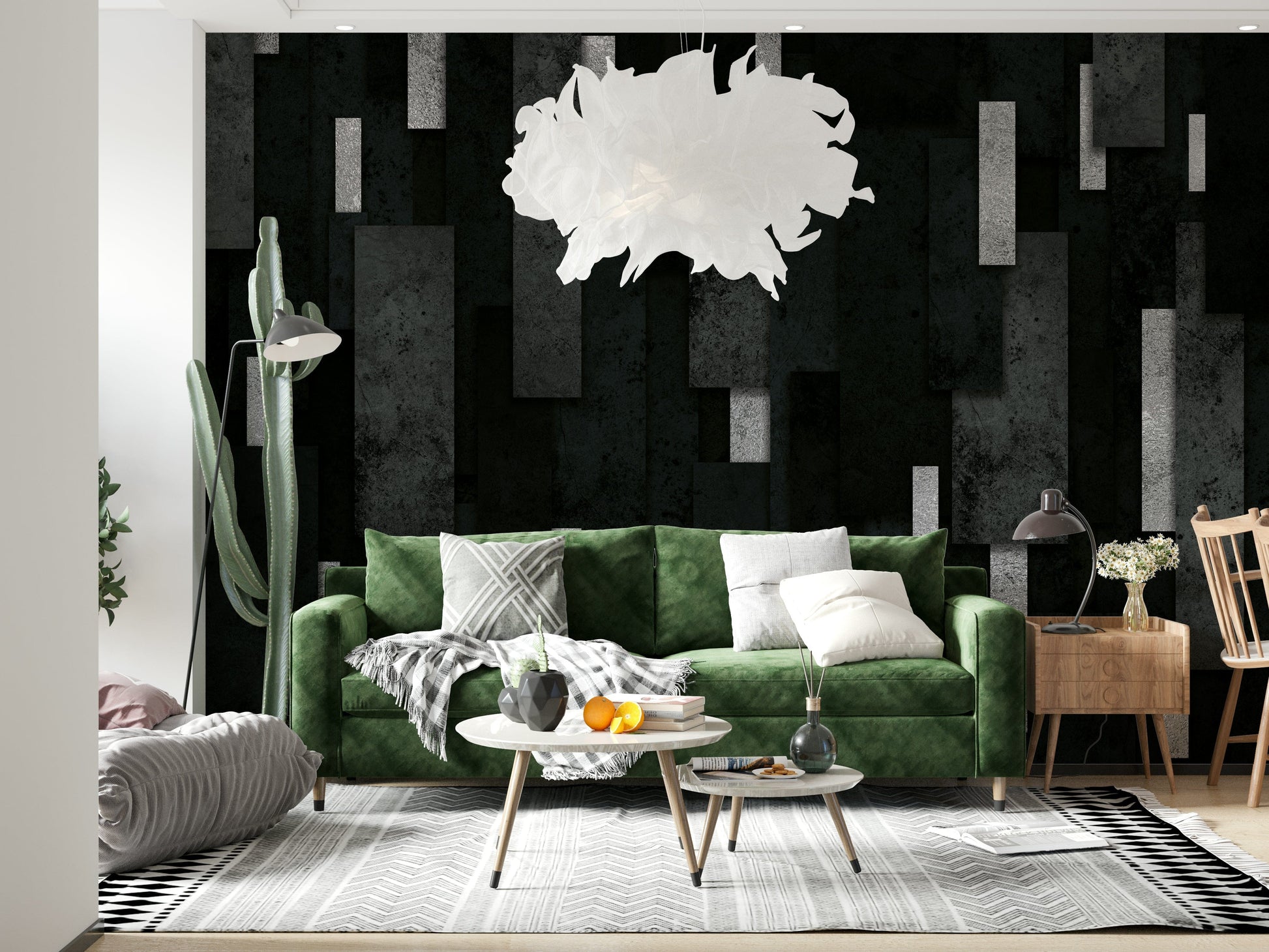 Silver-Accented Charcoal Wall Mural – Textured abstract wallpaper featuring dark urban tones with metallic silver layering.