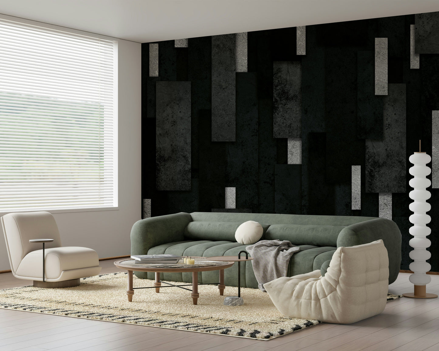 Layered Abstract Urban Mural – Sophisticated design with dark charcoal and subtle silver streaks creating dimensional effect.
