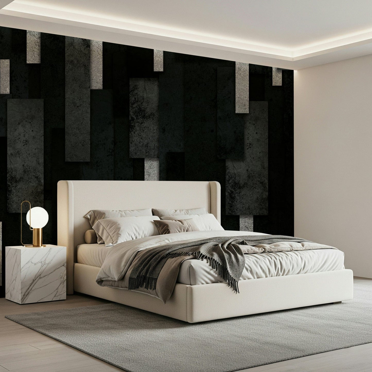 Urban Industrial Wall Mural – Minimalist design featuring bold charcoal layers accented with silver metallic textures.
