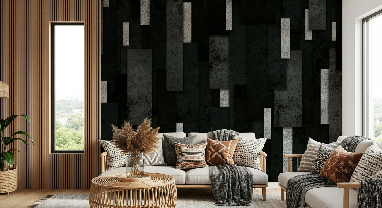 Urban Charcoal and Silver Layers Wall Mural – Modern abstract mural with layered charcoal and metallic silver textures.