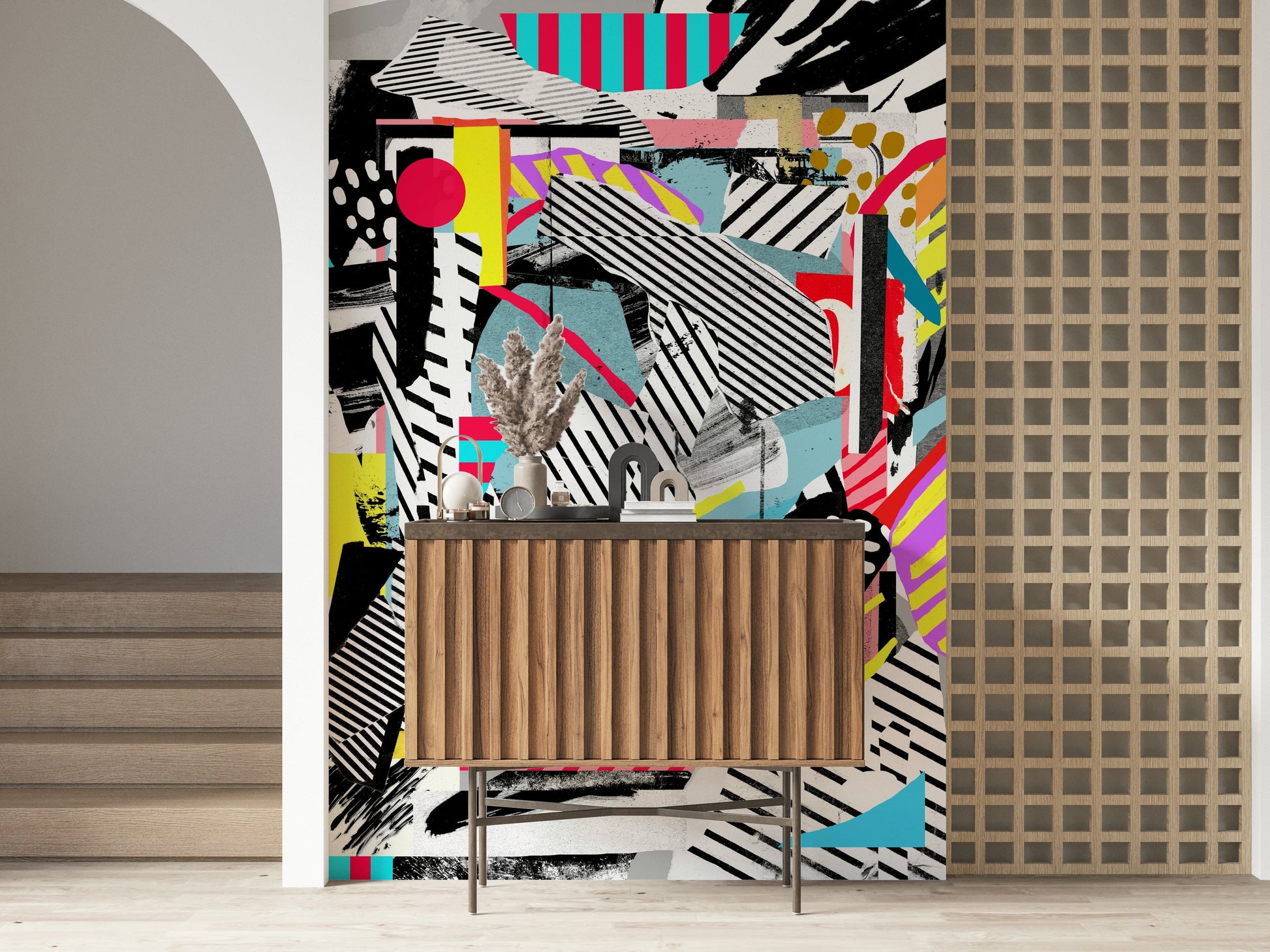 A peaceful modern abstract mural on decorative wallpaper.