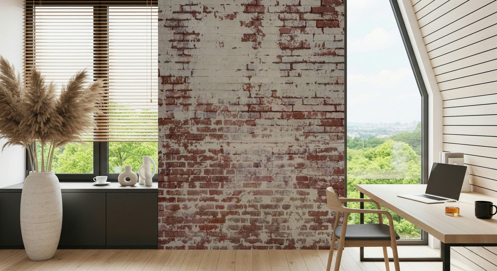 Urban Decay wall mural blending rough brick textures and muted tones for authentic, urban charm.