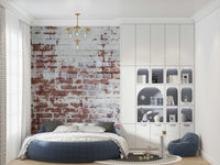 Industrial-inspired brick wallpaper mural with faded, weathered surfaces for edgy, contemporary interiors.