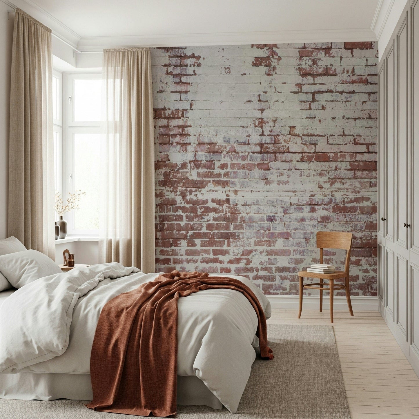 Wall mural showcasing distressed brick textures with peeling paint and natural wear for rustic, vintage décor.