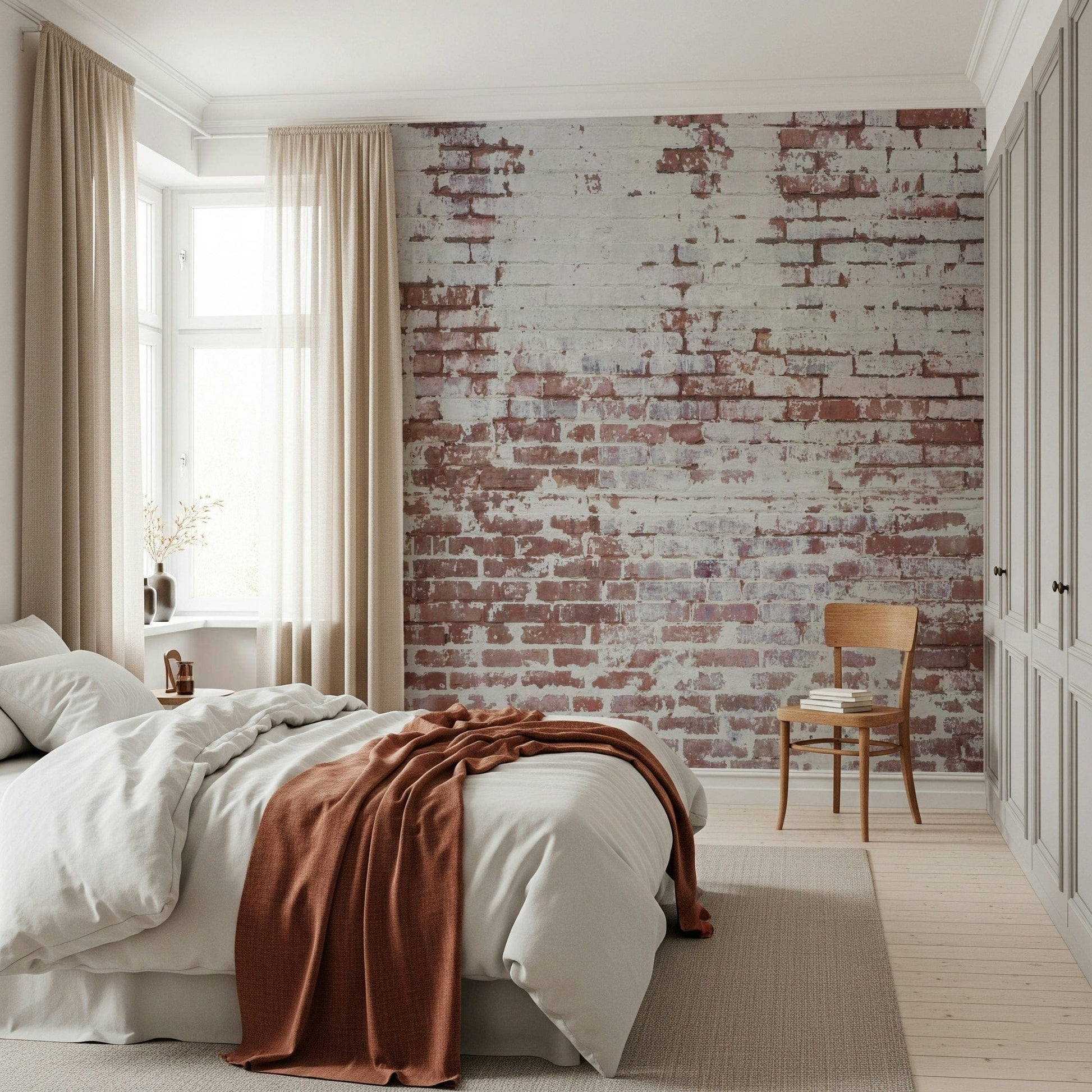 Wall mural showcasing distressed brick textures with peeling paint and natural wear for rustic, vintage décor.