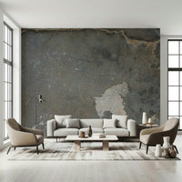 Urban Gray Industrial wallpaper mural in charcoal concrete behind a gray sofa and two taupe armchairs