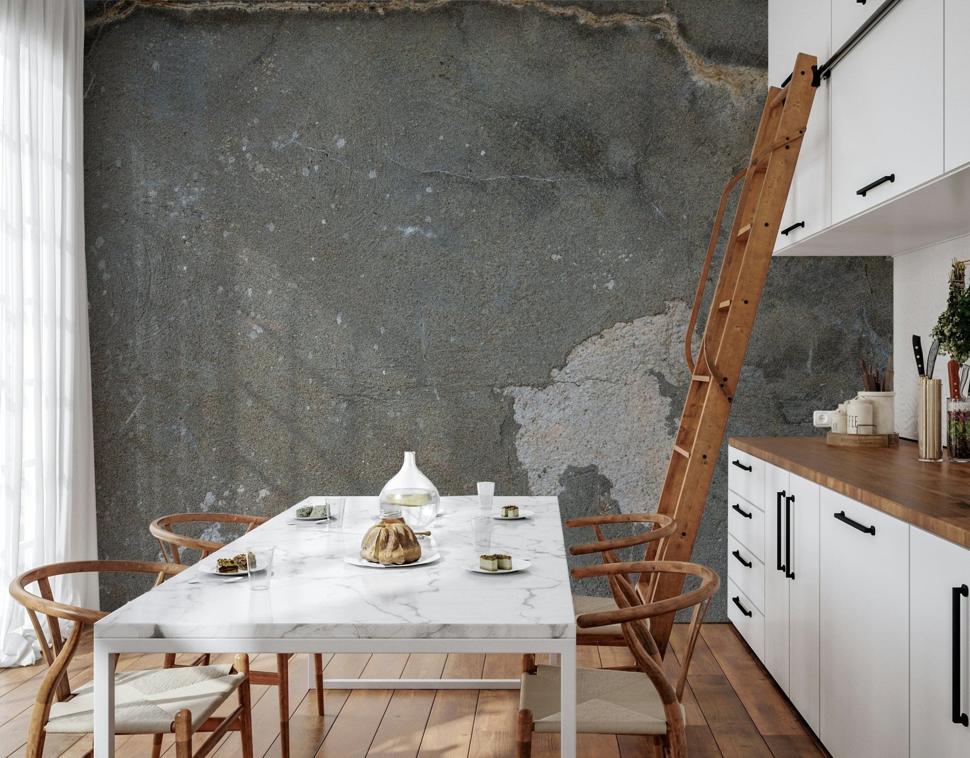 Urban Gray Industrial wallpaper mural in gray concrete behind a white marble table and library ladder