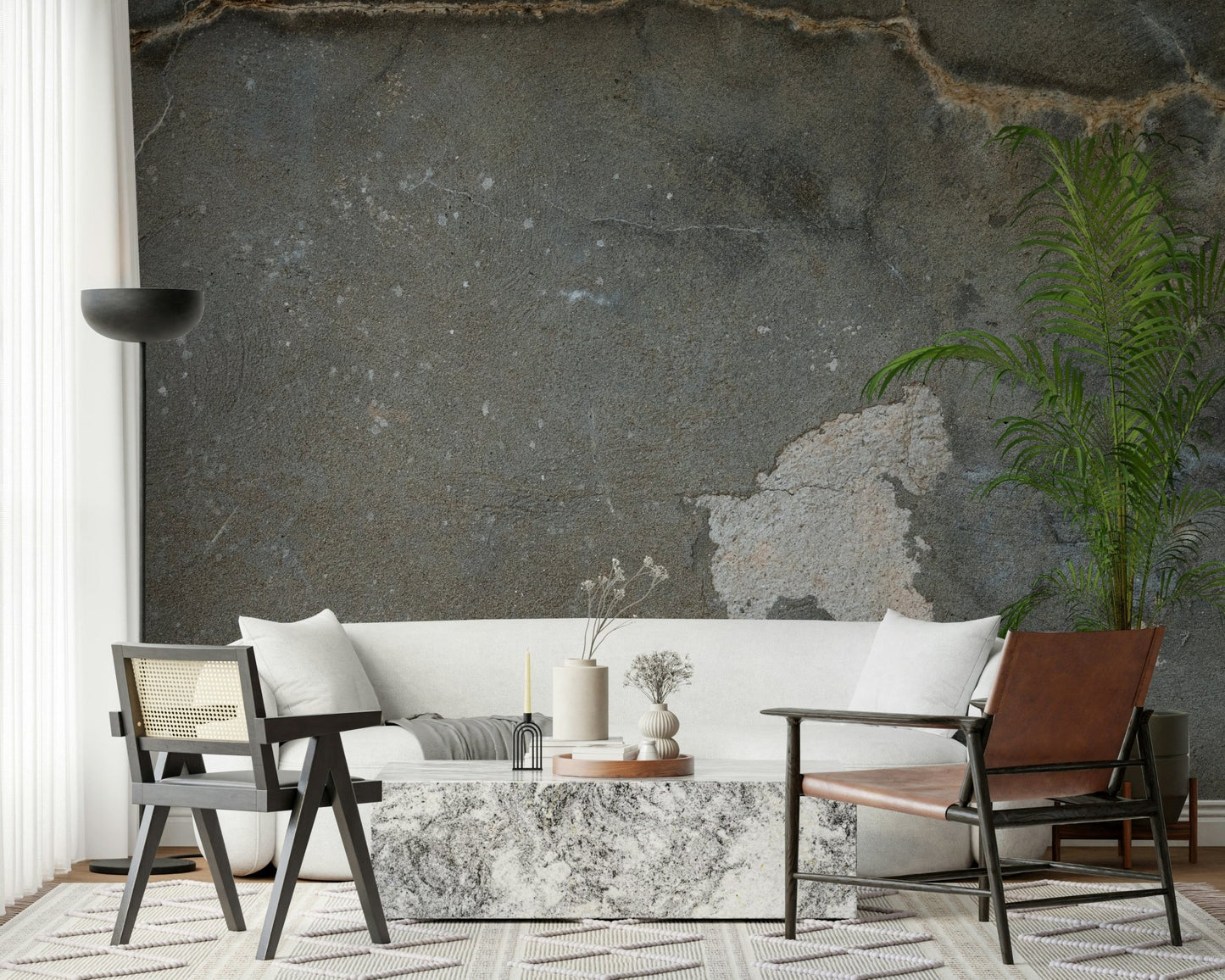 Urban Gray Industrial wallpaper mural in charcoal concrete behind a white sofa and marble coffee table