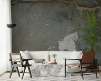 Urban Gray Industrial wallpaper mural in charcoal concrete behind a white sofa and marble coffee table