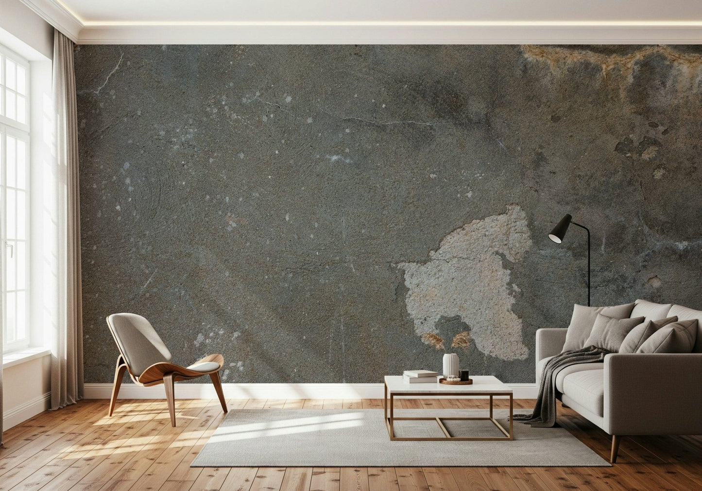 Urban Gray Industrial wallpaper mural in gray concrete behind a wood shell chair and taupe sofa