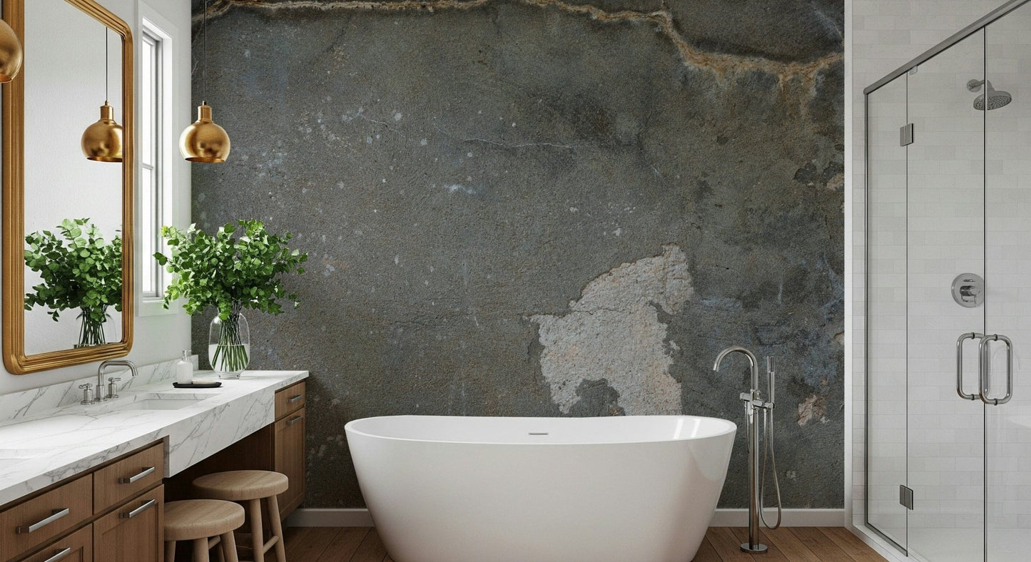 Urban Gray Industrial wallpaper mural in dark charcoal concrete behind a white freestanding tub and marble vanity